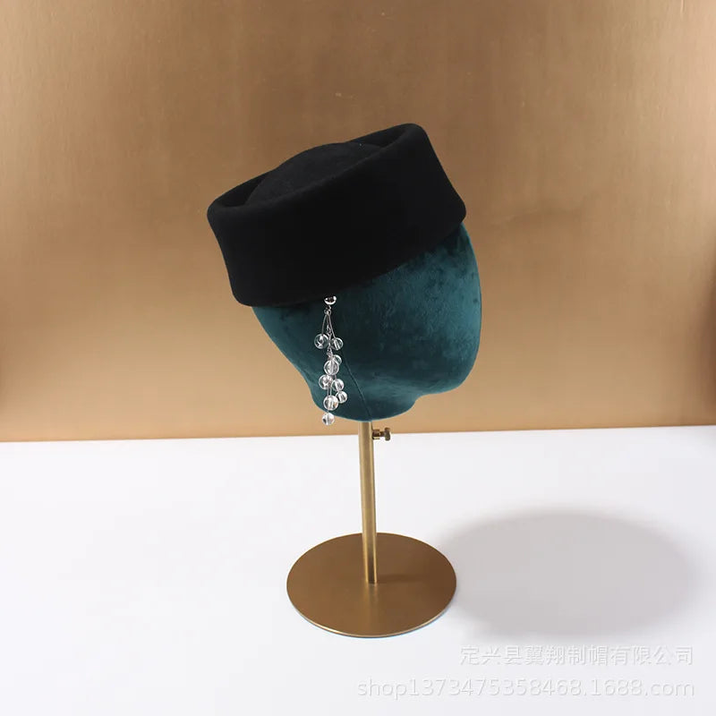 Women Wool Felt Berets Hat Vintage Hard Top Concave Top Fedoras Hats Wedding Fascinator Hats Wedding Cocktail Party Pillbox Cap