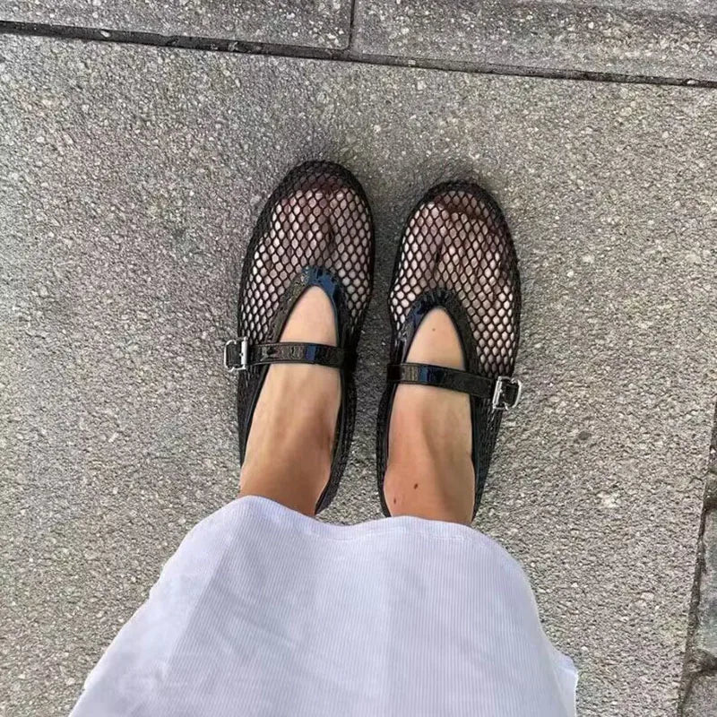 Fashion women mesh ballet falts round toe buckle strap pumps