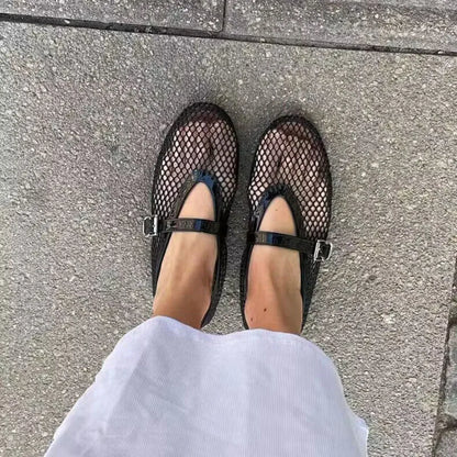 Fashion women mesh ballet falts round toe buckle strap pumps