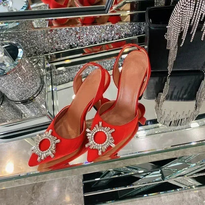 2026 Spring Autumn EU US Satin Slingback Women Sandals Pointed Flared Heels Sun Rhinestone Crystal Wedding Party Dress Heels