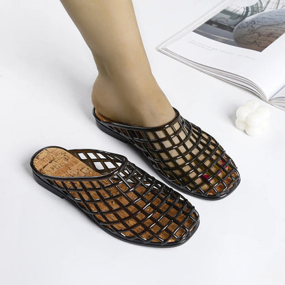 2025 Women's New Flat Slippers with Hollow PVC Breathable Summer Outerwear Baotou Bag and Casual Jelly Slippers