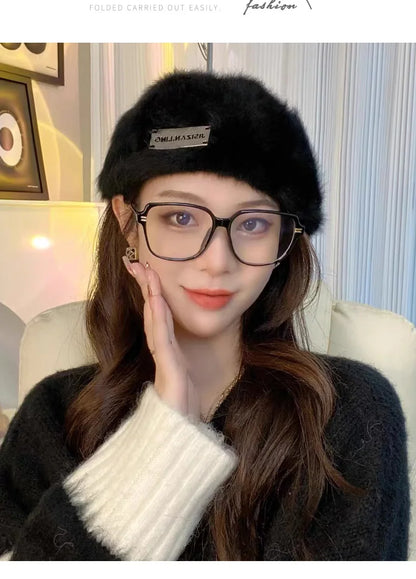Women Reversible Rabbit Fur Beret Winter Warm Double Sided Knit Hat Retro Painter Cap for Oval Round Face
