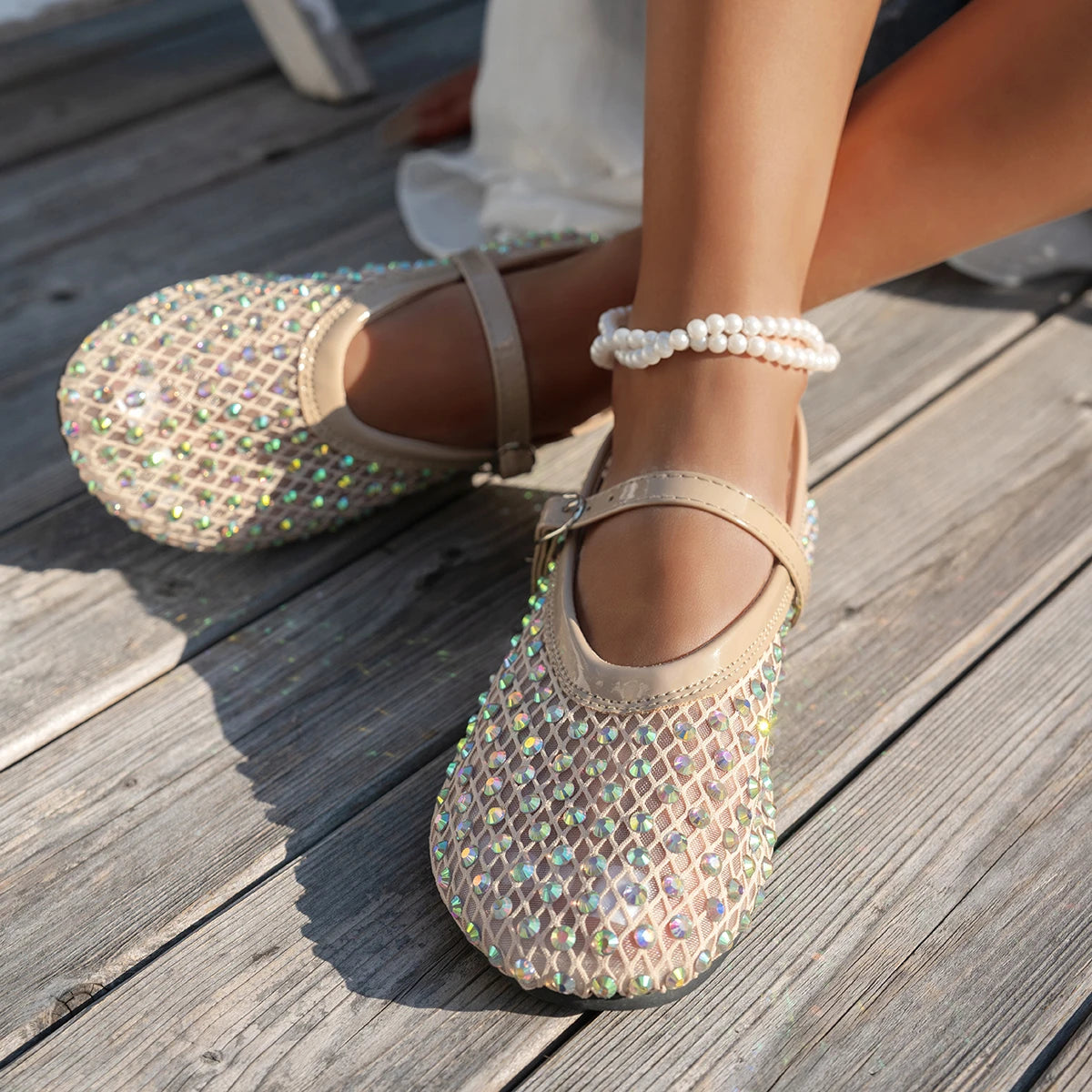 Women's Mary Jane Flats 2026 Spring Autumn Fashionable Women's Shoes Breathable Mesh Rhinestone Decorated Large Size Mesh Shoes