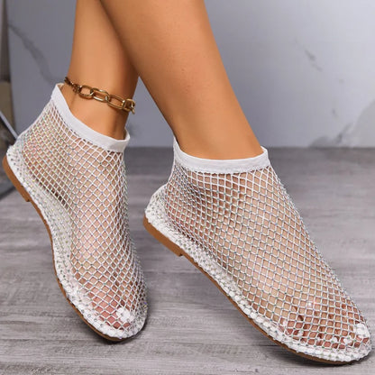 New Women's Luxury Brand Round Toe Flat Bottom Sandals Summer Hollow Short Boots Water Diamond Sexy Flat Bottom Shoes Sandals