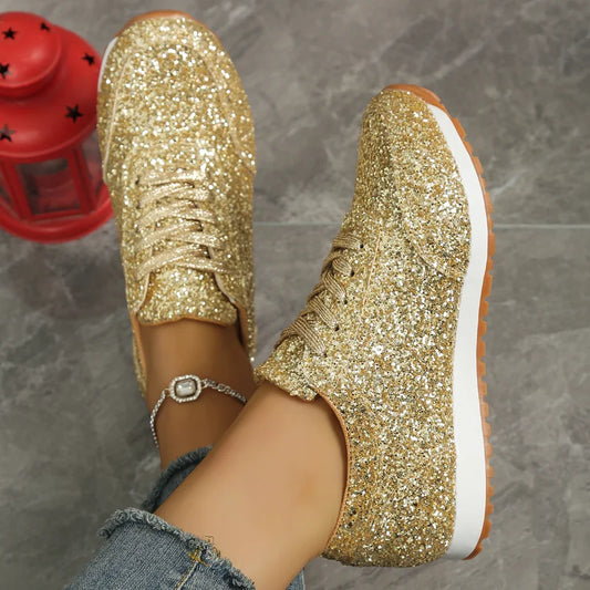 2026 New Lightweight Women's Glitter Sneakers Spring Autumn Lace Up Low Heel Sport Shoes Women Comfort Non Slip Walking Shoes