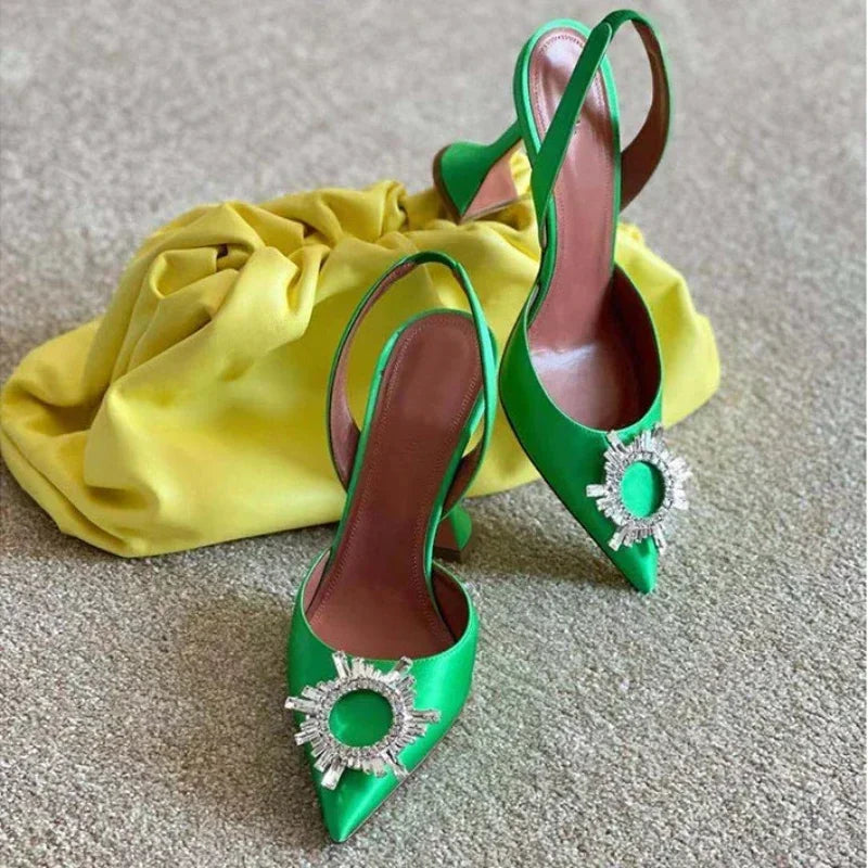 2026 Spring Autumn EU US Satin Slingback Women Sandals Pointed Flared Heels Sun Rhinestone Crystal Wedding Party Dress Heels
