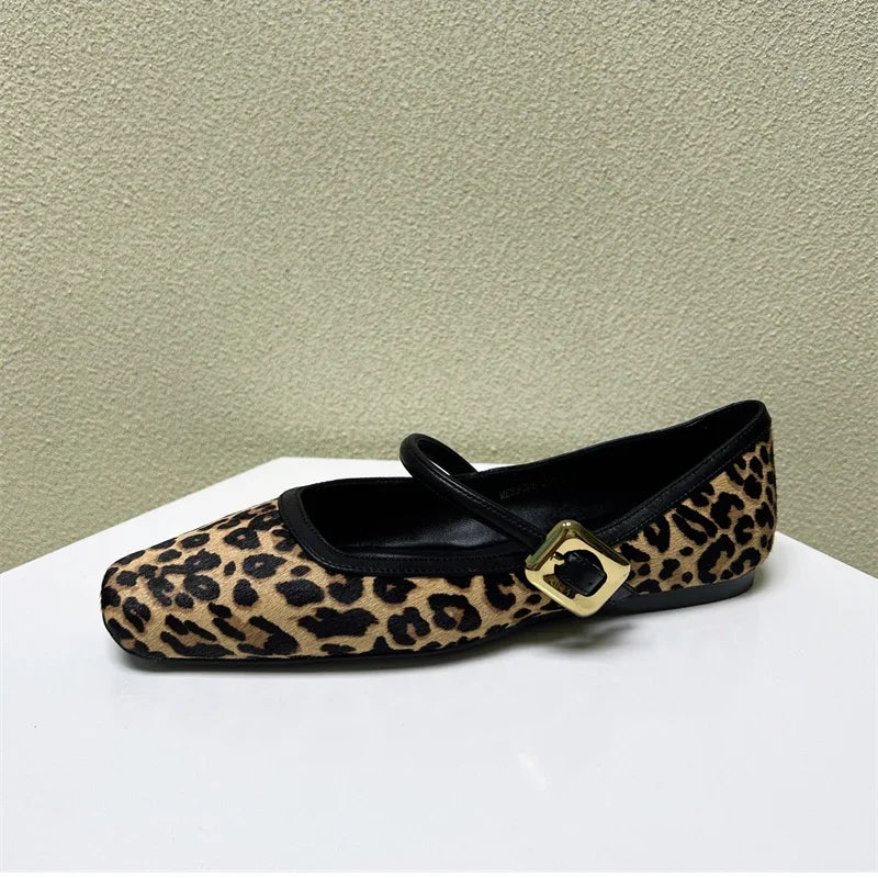 Designer Spring Autumn Women Leopard Shoes Fashion Shallow Buckle Ladies Flats Shoes Square Toe Women's Mary Jane Shoes