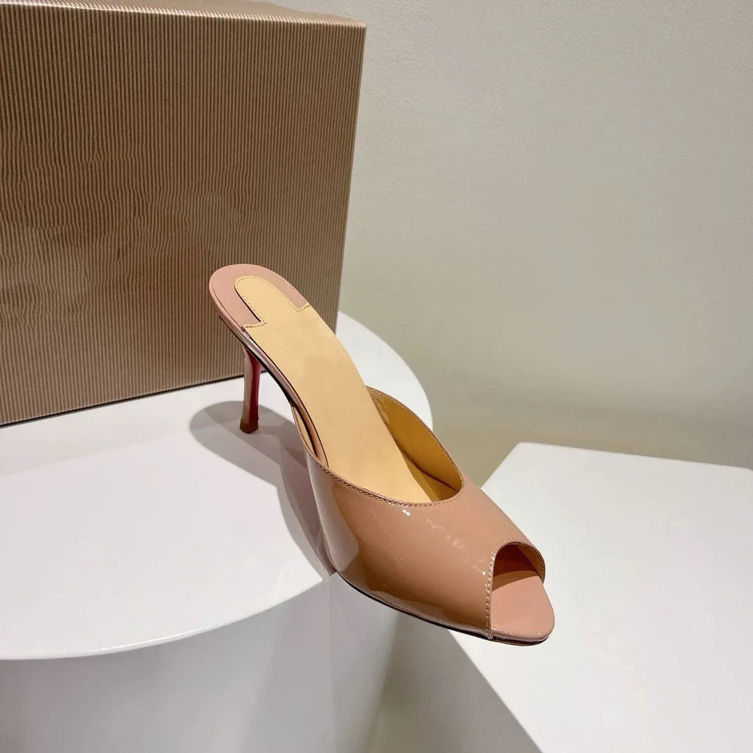 2026 New Black Fish Mouth Ultra High Women's Shoes, Sexy High Heels, Wearing Straight Pointed Lacquer Leather Open Toed Slippers