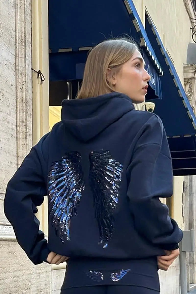 Women Fashion Sequin Angel Wings Printed Hoodies Casual Long Sleeved Hooded Solid Color Tops 2025 New High Street Y2k Outwear