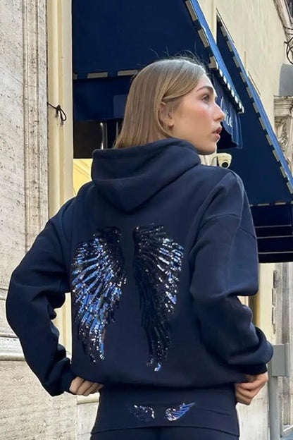 Women Fashion Sequin Angel Wings Printed Hoodies Casual Long Sleeved Hooded Solid Color Tops 2025 New High Street Y2k Outwear