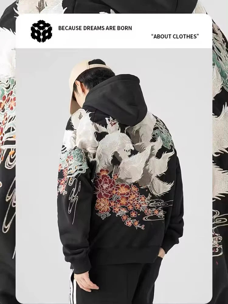 High Quality Embroidery Man Women Hoodies Harajuku 100% Cotton Hooded Sweatshirts Autumn Long Sleeve Black Pullover Loose Tops