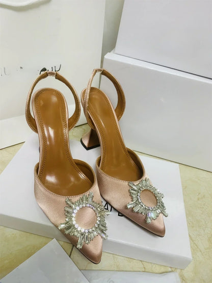 2026 Spring Autumn EU US Satin Slingback Women Sandals Pointed Flared Heels Sun Rhinestone Crystal Wedding Party Dress Heels