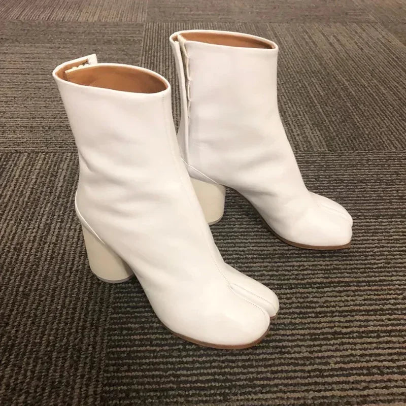 Luxury Brand Design Leather Tabi Boots Fashion Round Chunky High Heel Ankle Boots For Women Autumn Winter Split Toe Shoes