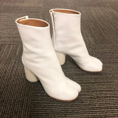Luxury Brand Design Leather Tabi Boots Fashion Round Chunky High Heel Ankle Boots For Women Autumn Winter Split Toe Shoes