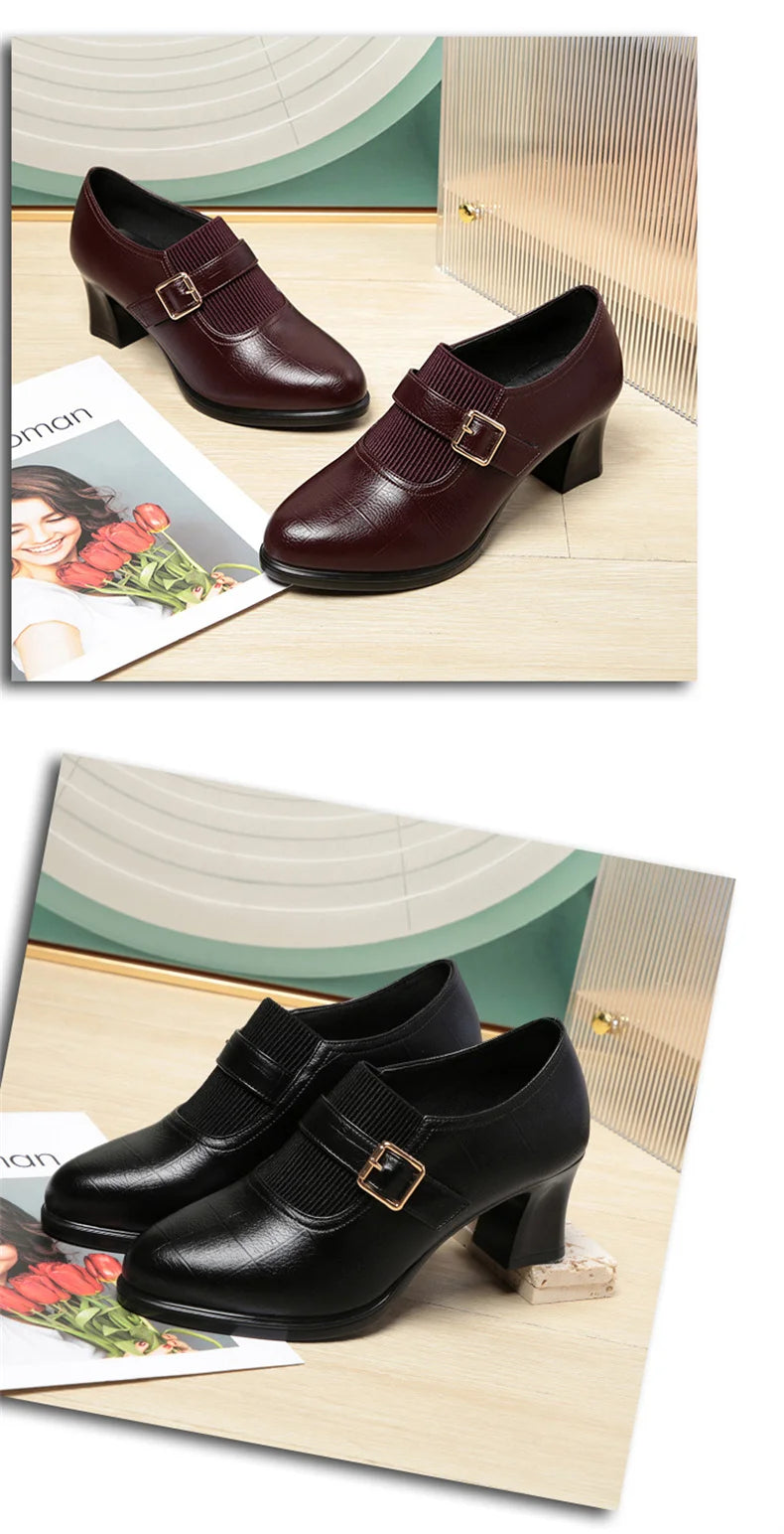 Autumn Fashion Comfort Deep Mouth Soft Leather Shoes Women Pumps 2024 Spring Block Heels Shoes for Office Mom Model Daily