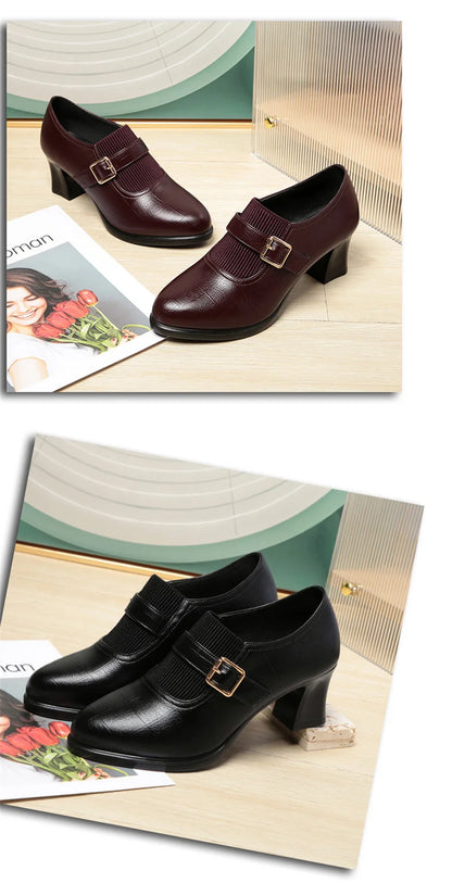 Autumn Fashion Comfort Deep Mouth Soft Leather Shoes Women Pumps 2024 Spring Block Heels Shoes for Office Mom Model Daily