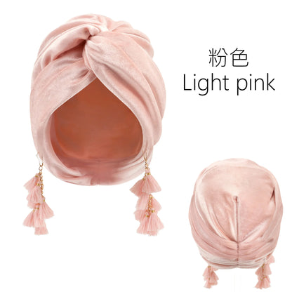 New Muslim Women Velvet Tassel Turban Hat Soft Stretch Bohemian Cross Pullover Bandana Headband Beanie Cap Islamic Head Wrap