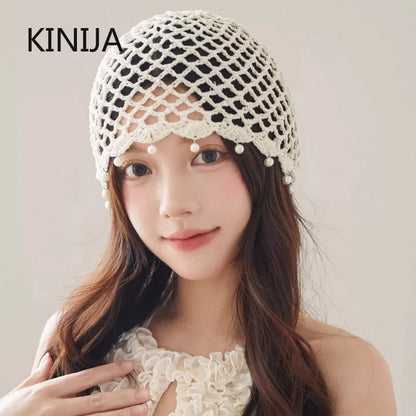 Fashion Hollowed Out Woven Pullover Hats Crochet Breathable Beret Cap Pearl Fringed Retro Beanies Cap for Women Summer Korean
