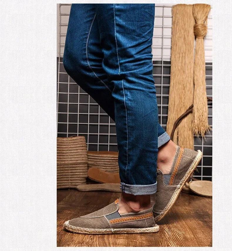 Mens Casual Vintage Loafers Flat Hemp Bottom Fishermen Shoes Driving Soft Shoes Holiday Beach Sailing Bohemian Autumn Size 38-45