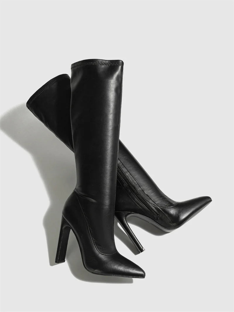 Hlieny Autumn Winter Women Knee-High Boots Fashion Pointed Toe High Heels Shoes Zipper Office Lady Long Botas De Mujer Size 42