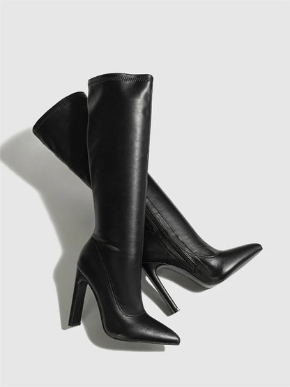 Hlieny Autumn Winter Women Knee-High Boots Fashion Pointed Toe High Heels Shoes Zipper Office Lady Long Botas De Mujer Size 42