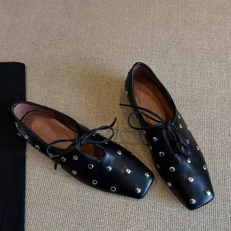 2025 New Women's Ballet Flat Shoes Mary Janes Lace-Up Flats French Style Square Head Low Heel Spring Autumn Season PU Leather