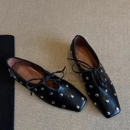 2025 New Women's Ballet Flat Shoes Mary Janes Lace-Up Flats French Style Square Head Low Heel Spring Autumn Season PU Leather