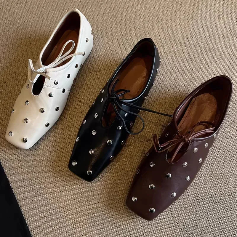 2025 New Women's Ballet Flat Shoes Mary Janes Lace-Up Flats French Style Square Head Low Heel Spring Autumn Season PU Leather