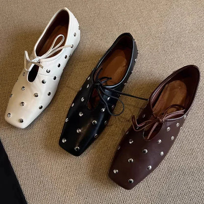 2025 New Women's Ballet Flat Shoes Mary Janes Lace-Up Flats French Style Square Head Low Heel Spring Autumn Season PU Leather
