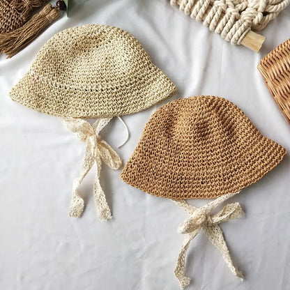Fashion Lace Baby Hat Summer Straw Bow Baby Girl Cap Beach Children Panama Hat Princess Baby Hats and Caps for Kids 1PC