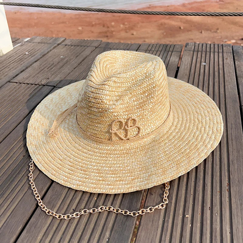2025 New European American Fashion Design Natural Straw Hat Female Handmade Letter Sun Hat Metal Chain Sunshade Designer Hat