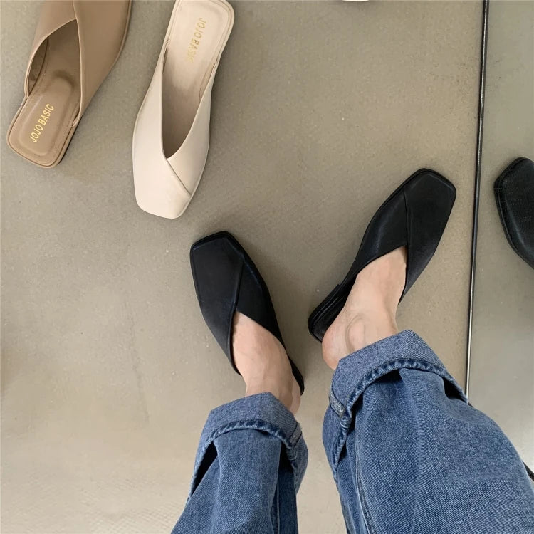 Women Shoes Mules Designer Square Toe 2025 Autumn Ladies Fashion Slippers New Slides Female Outside Beach Big Size Casual Basic