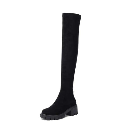 Krazing Pot Big Size Cow Leather Stretch Over-the-knee Boots Platform Round Toe High Heels Winter Women Warm Thigh High Boots