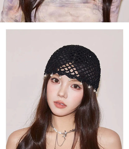 Fashion Hollowed Out Woven Pullover Hats Crochet Breathable Beret Cap Pearl Fringed Retro Beanies Cap for Women Summer Korean