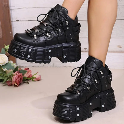 New Platform Women's Personality Casual Sneakers Autumn Round Toe Strappy Heels