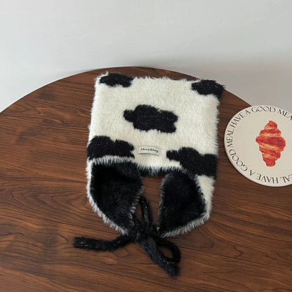 Winter Mink Velvet Fur Beanies for Women Men Cute Bear Ear Knitted Hat Crimped Straps Pullover Hat Hoody Balaclava Mom Gift