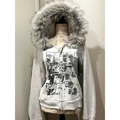 Grey Faux Fur Wool Double Zipper Jacket Hoodies Women's Slim Waist Hooded Vintage Y2k Coats Ropa Mujer Casual Fashion Sweatshirt