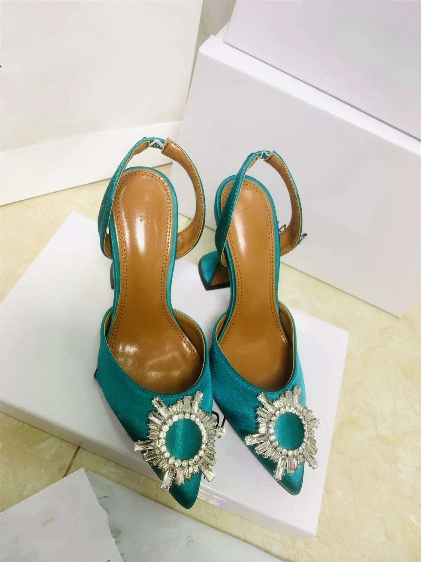 2026 Spring Autumn EU US Satin Slingback Women Sandals Pointed Flared Heels Sun Rhinestone Crystal Wedding Party Dress Heels