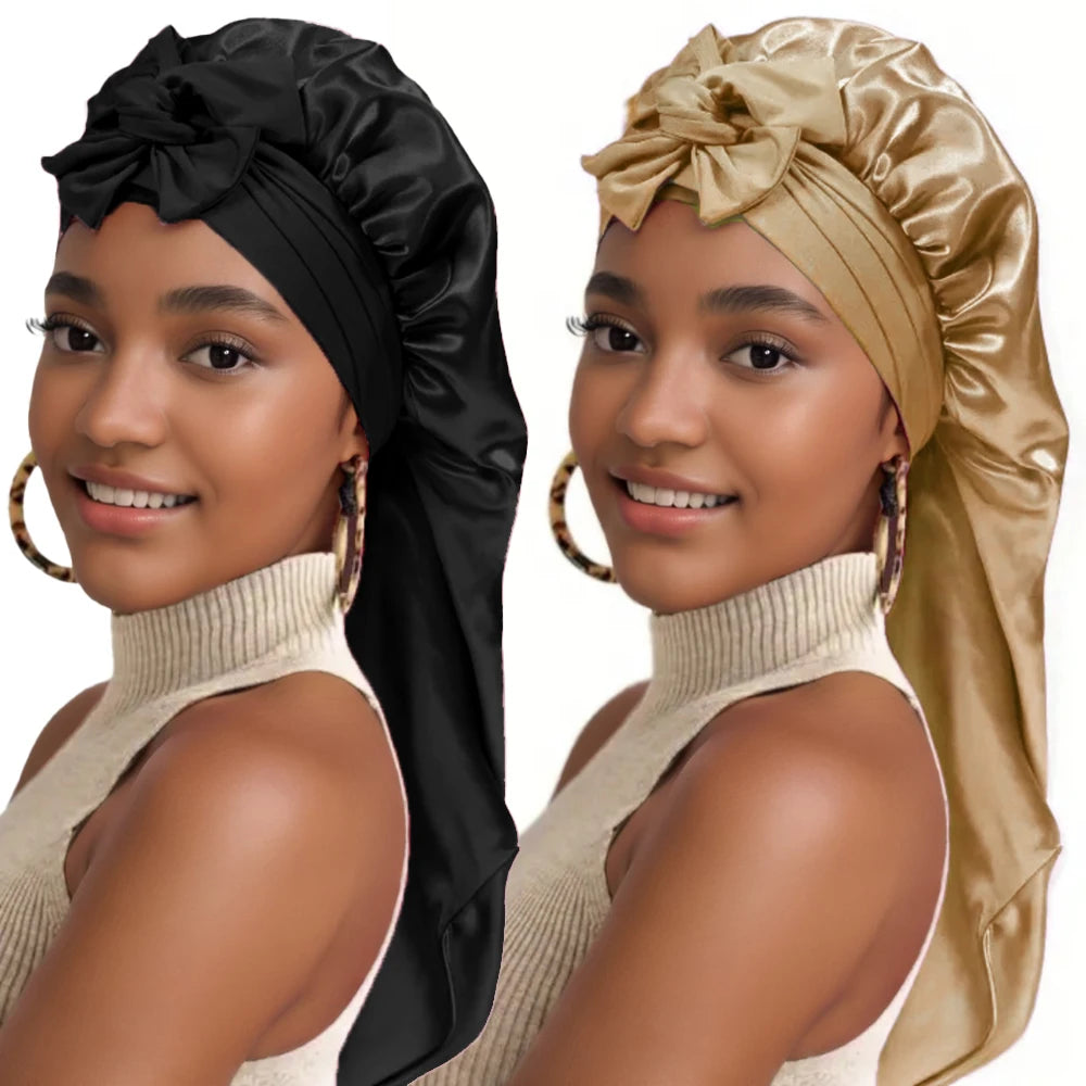 2Pcs Solid Color Bowknot Braid Bonnet Classic Long Satin Bonnets Soft Women Sleeping Night Cap Breathable Hair Bonnets