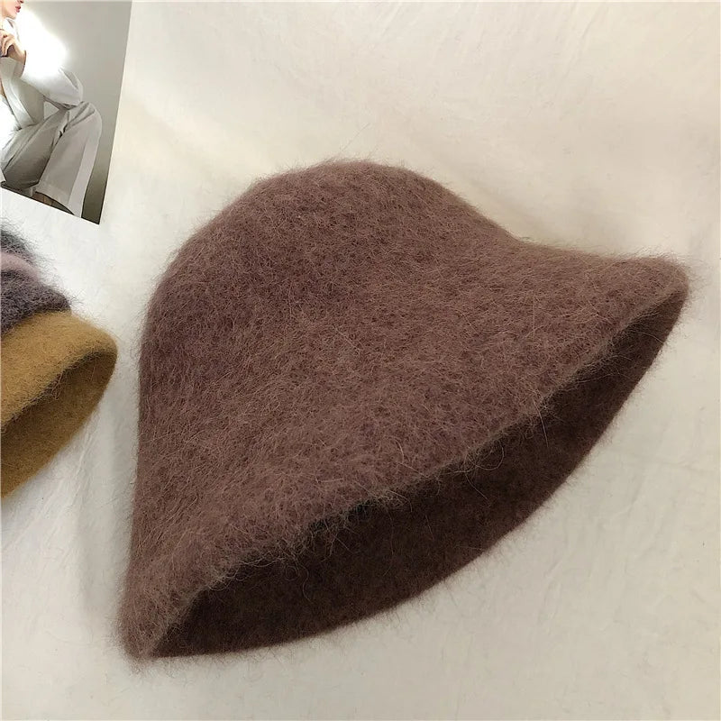 Good Angola Long Rabbit Fur Fisherman Bucket Hat Winter Fashion Soft Warm Wool Basin Cap Foldable Women Gift