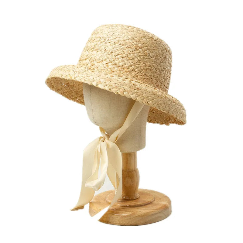 2023 Children Hand-knitted Raffia Retro Flat Top Sun Hats Girls and Boys Summer Travel Sunscreen Vacation Straw Hat with Lacing