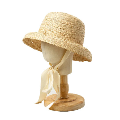 2023 Children Hand-knitted Raffia Retro Flat Top Sun Hats Girls and Boys Summer Travel Sunscreen Vacation Straw Hat with Lacing