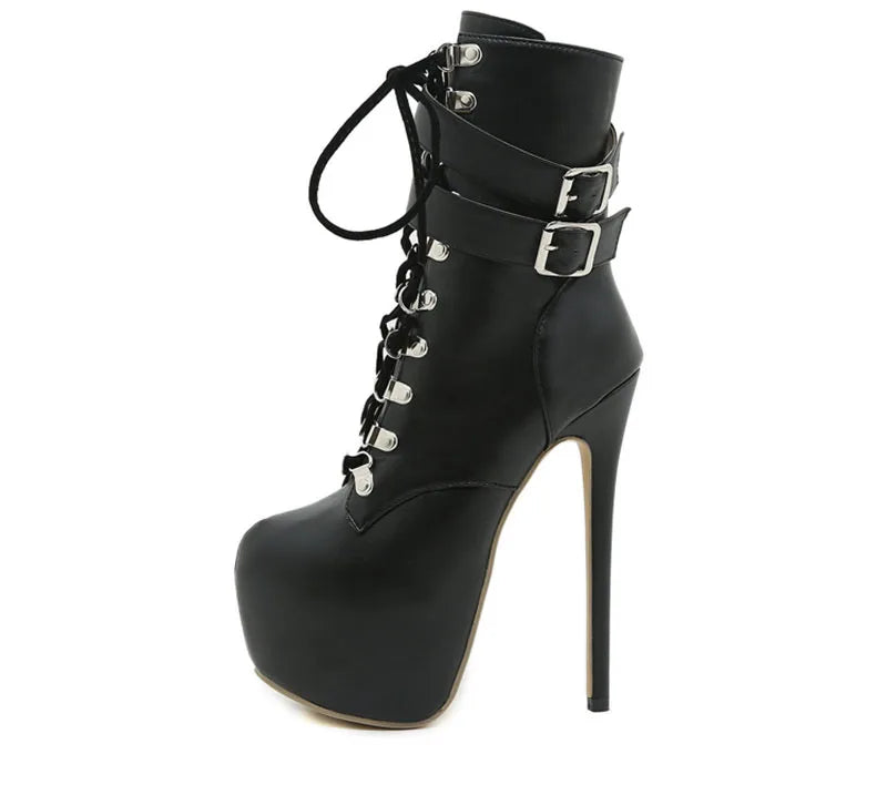 Liyke Autumn Winter Platform Boots For Women Sexy Round Toe Buckle Strap Pole Dance High Heels Pumps Fashion Lace-Up Runway Shoe