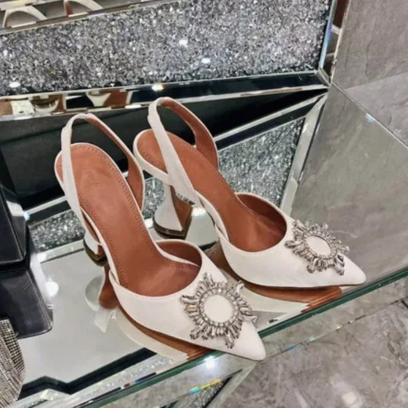 2026 Spring Autumn EU US Satin Slingback Women Sandals Pointed Flared Heels Sun Rhinestone Crystal Wedding Party Dress Heels