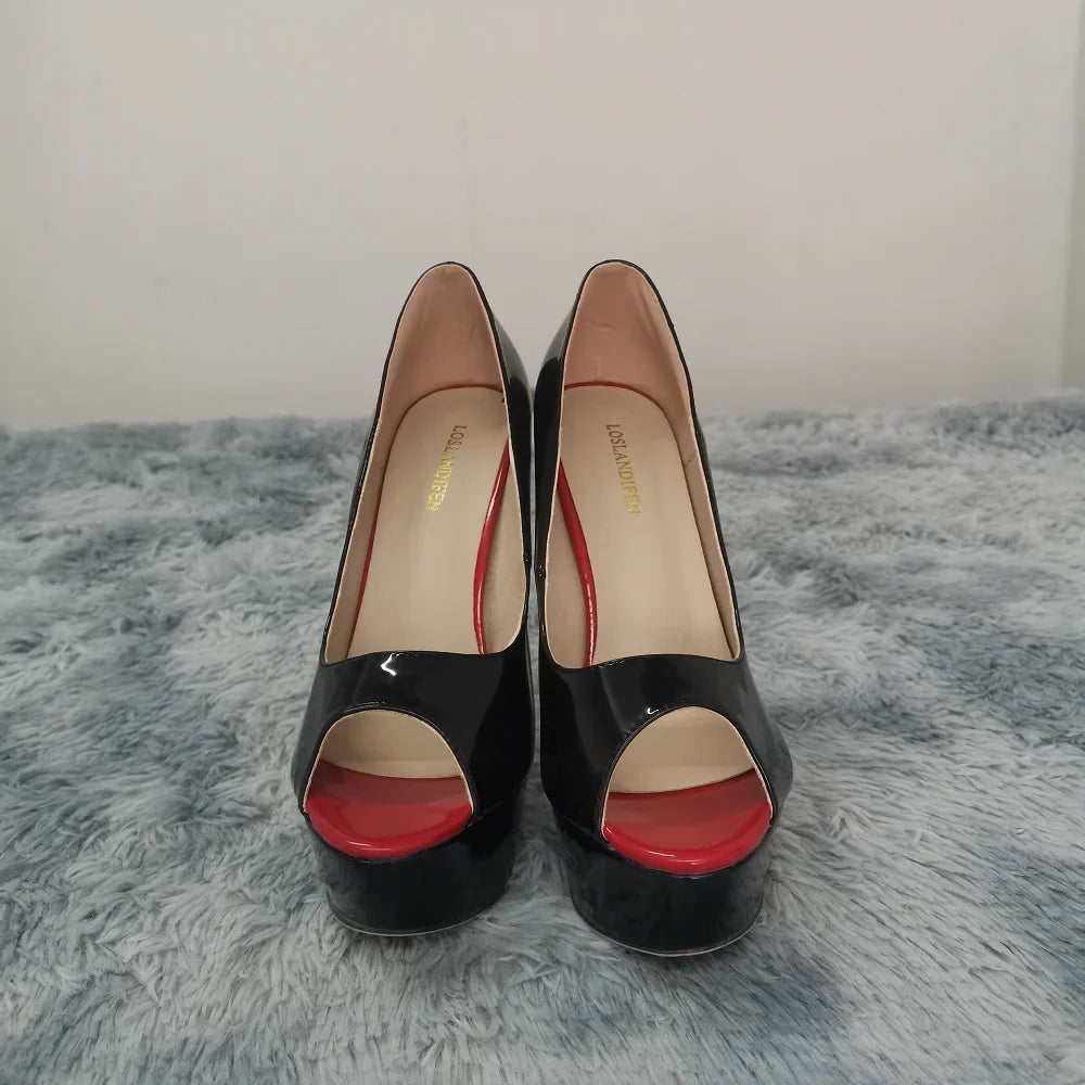 LOSLANDIFEN Women Pumps Sexy Peep Toe Platform 14cm Super High Heels Patent Leather Shoes Red Wedding Stilettos Large Size 44