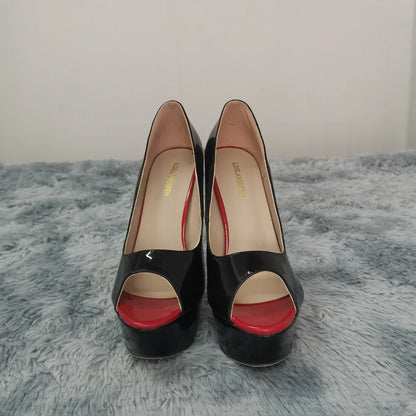 LOSLANDIFEN Women Pumps Sexy Peep Toe Platform 14cm Super High Heels Patent Leather Shoes Red Wedding Stilettos Large Size 44