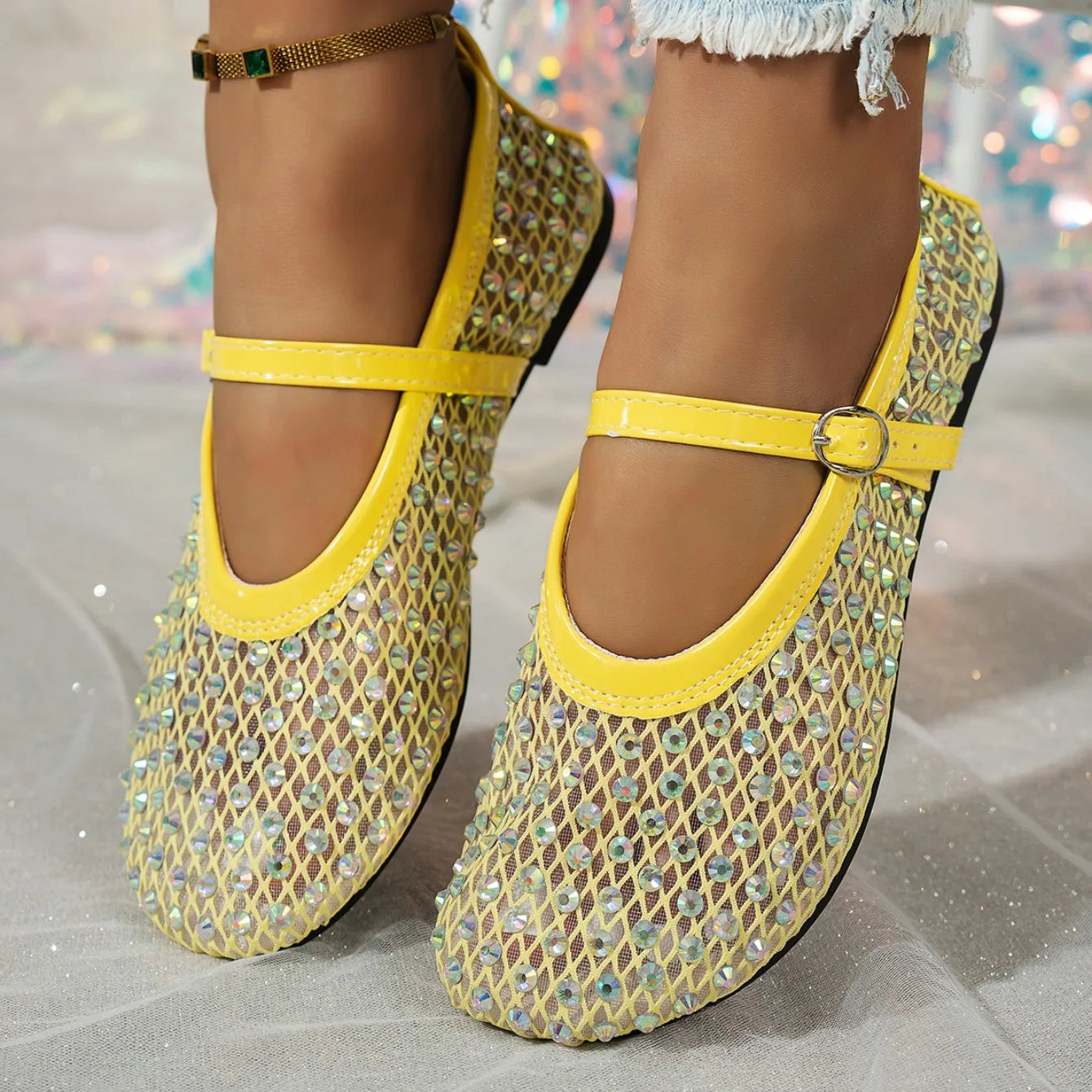 Women's Mary Jane Flats 2026 Spring Autumn Fashionable Women's Shoes Breathable Mesh Rhinestone Decorated Large Size Mesh Shoes