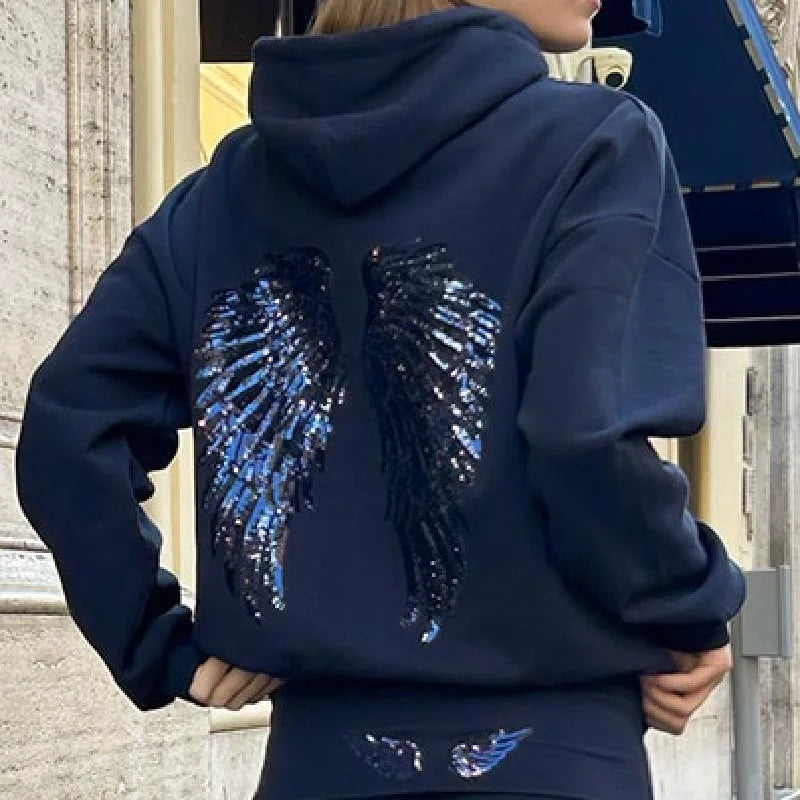 Women Fashion Sequin Angel Wings Printed Hoodies Casual Long Sleeved Hooded Solid Color Tops 2025 New High Street Y2k Outwear