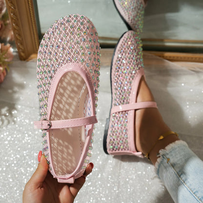 Women's Mary Jane Flats 2026 Spring Autumn Fashionable Women's Shoes Breathable Mesh Rhinestone Decorated Large Size Mesh Shoes