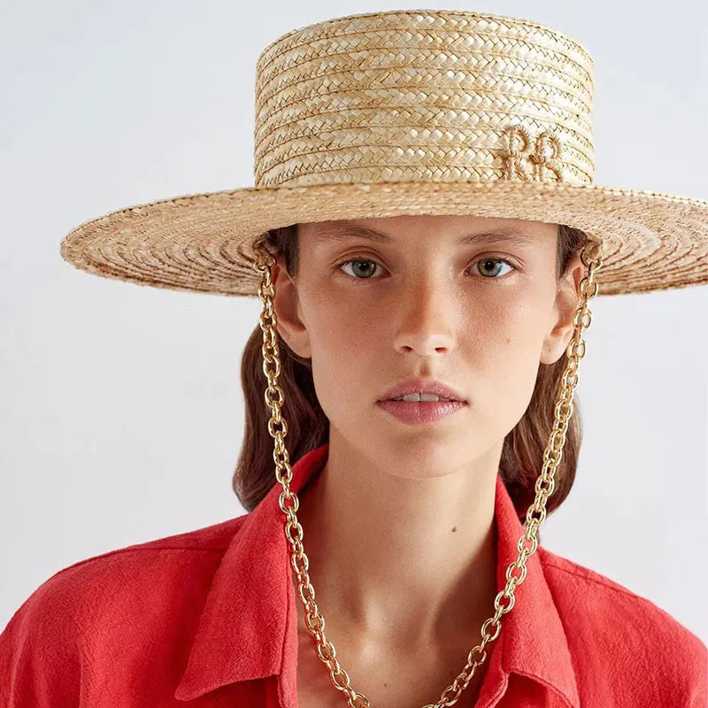 2025 New European American Fashion Design Natural Straw Hat Female Handmade Letter Sun Hat Metal Chain Sunshade Designer Hat